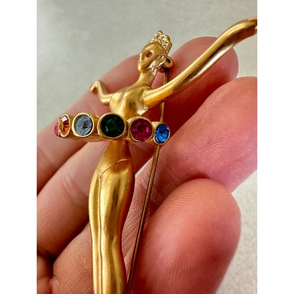 HMI 1992 vintage gold tone lady figural ballerina rainbow rhinestones brooch - Picture 5 of 9